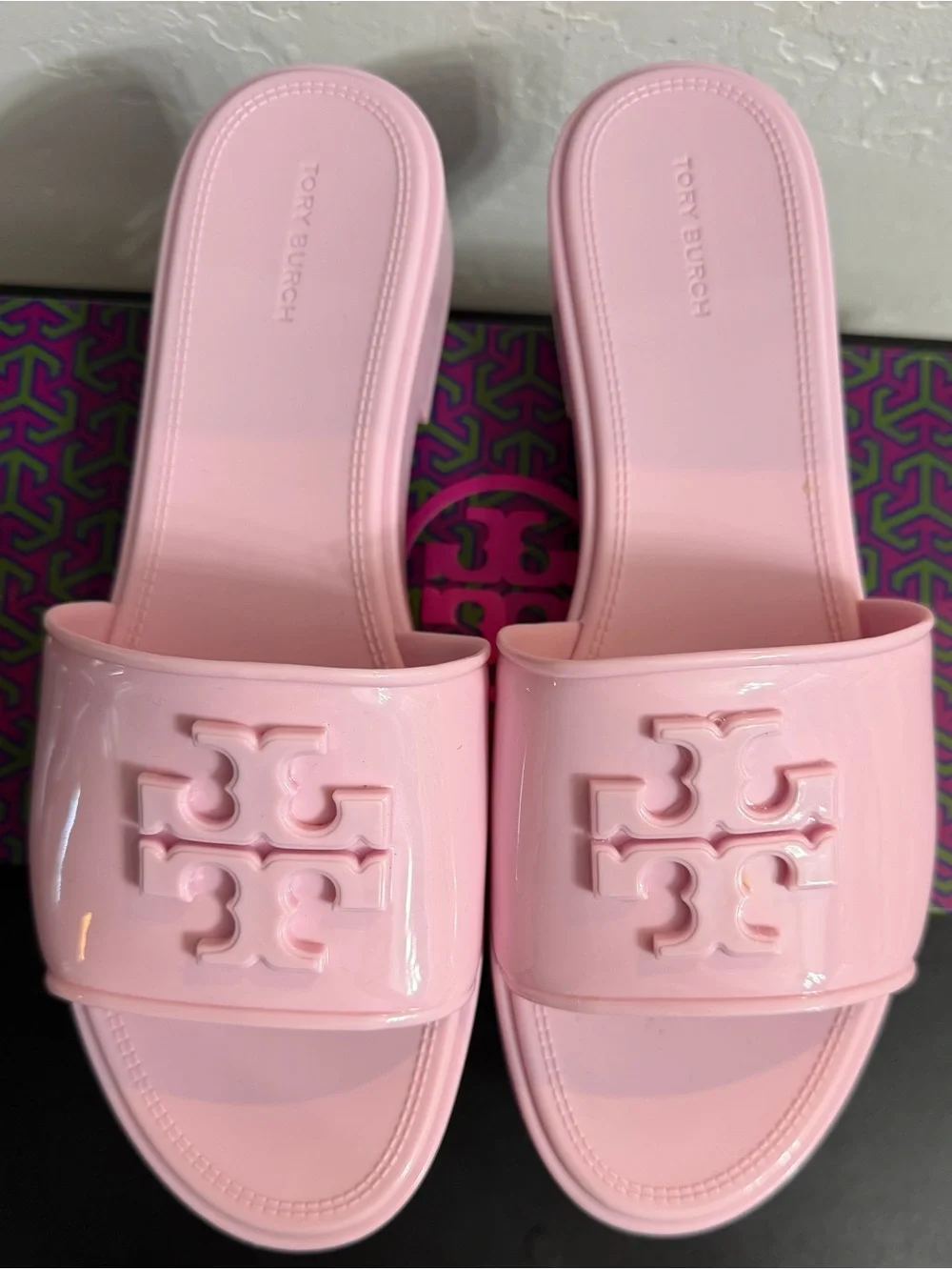 Tory Burch Pink Patent Logo Slide Sandals